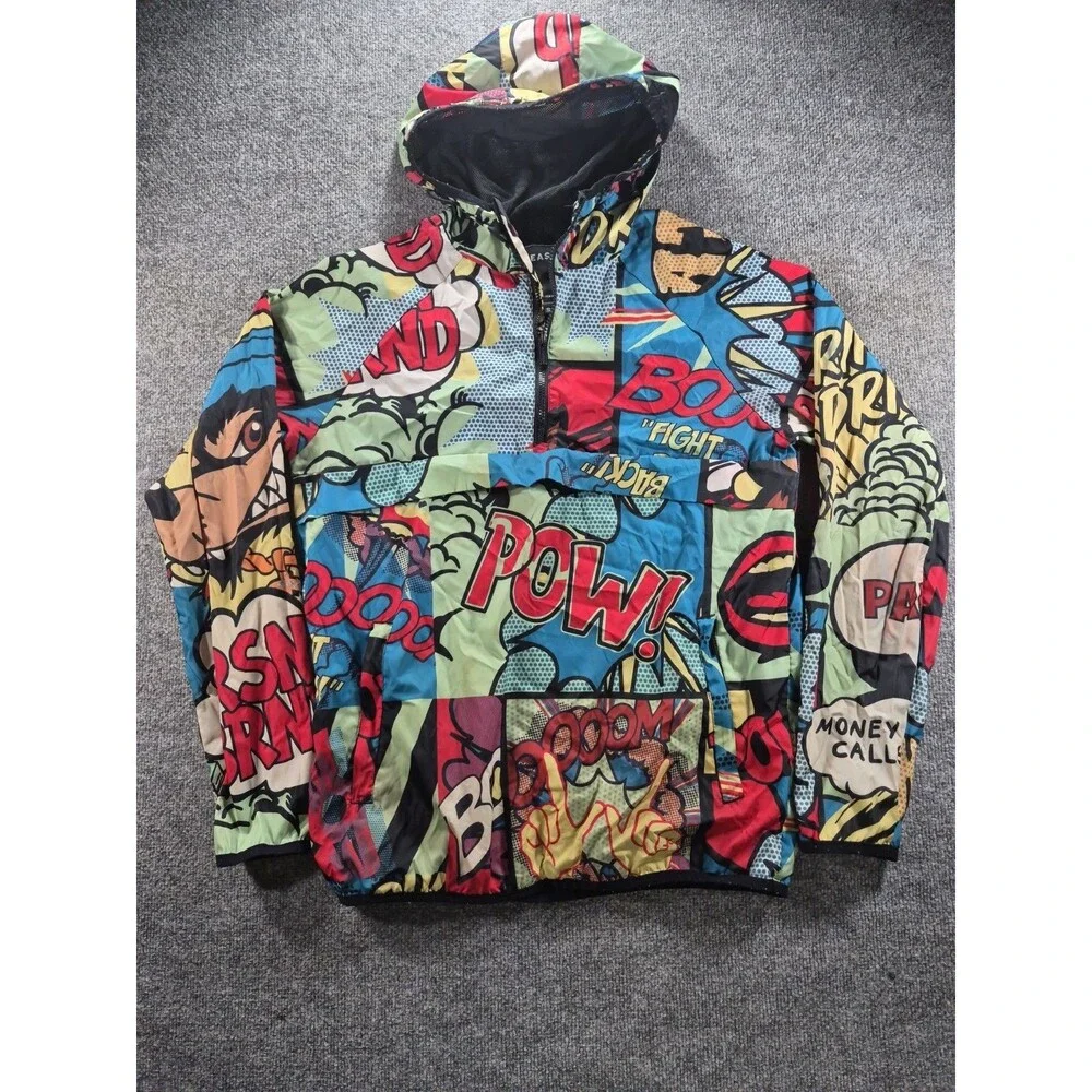 Reason Men's 1/4 zip pullover jacket hoodie wind breaker blue comics POW S EUC